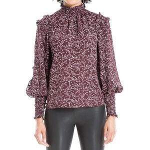 Max Studio Smocked High-neck Ruffled Blouse in a burgundy Floral Print